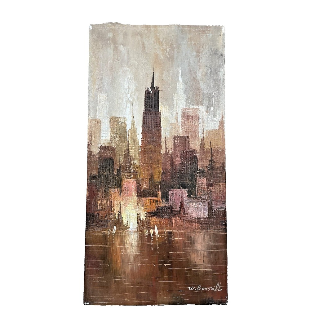 W.‎ Bonsall Mid Century Oil Painting on Canvas NY City 12" x 24" Signed